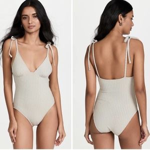 Solid & Striped The Olympia Solid Rib Silver One-Piece Shoulder Tie Swimsuit